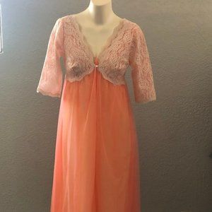 Vintage Lisette Sheer Tangerine Chiffon Nightgown Robe Peignoir Set, Size S